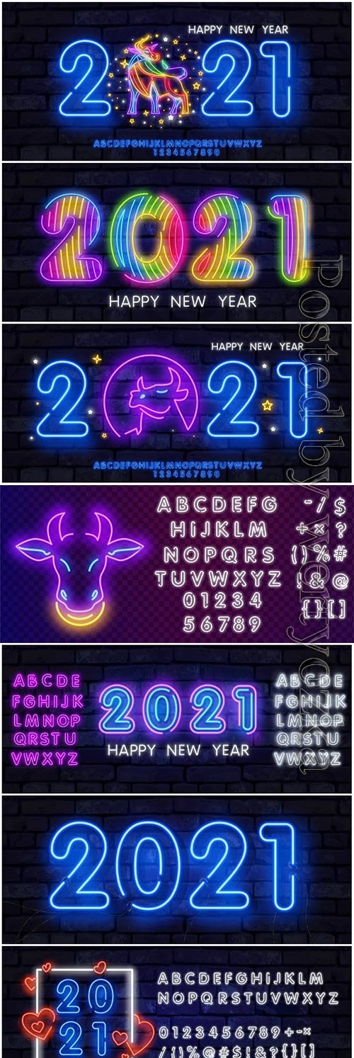 Colorful neon 2021 happy new year neon vector banner