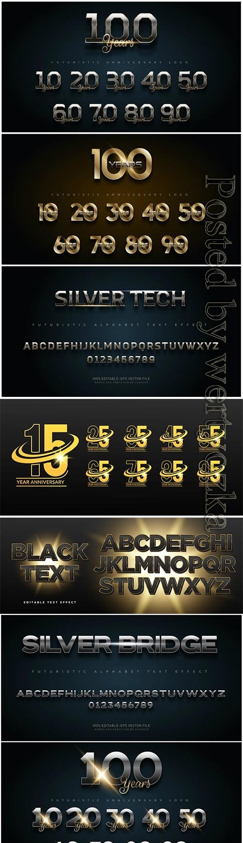 Gold and silver anniversary number set logo, alphabet fonts with text effect