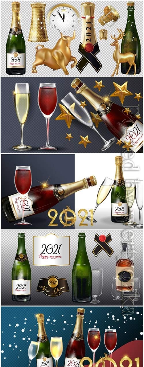 Happy new year 2021 a bottle of champagne on a transparent background