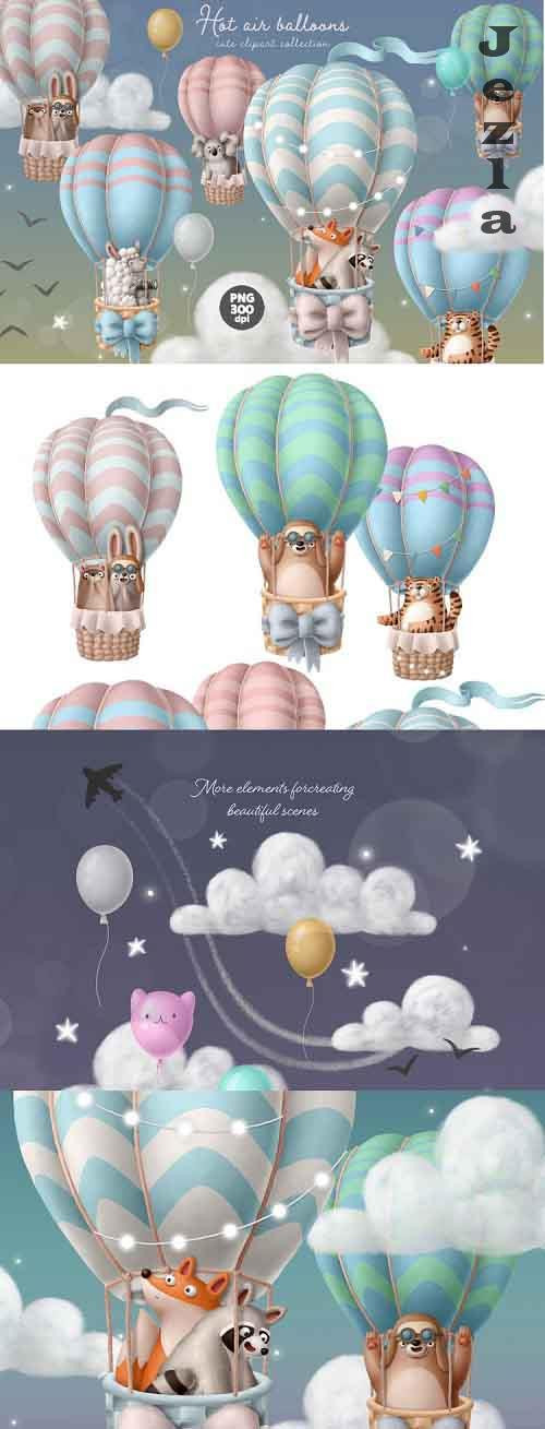 Hot air balloon with animals cute clipart set digital image - 929868
