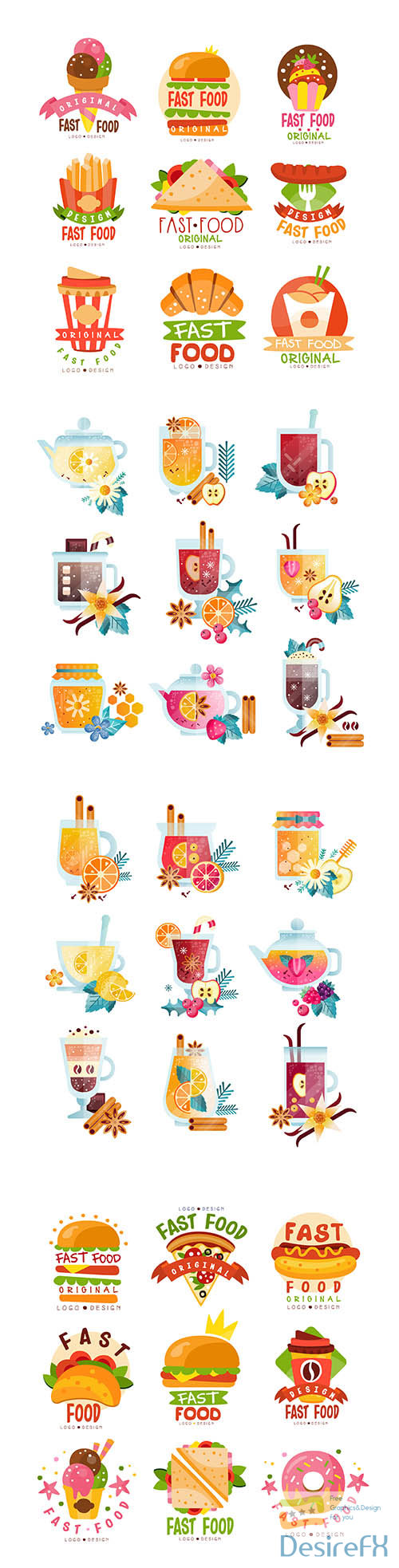 Vitamin healthy drinks and ice cream transparent cups illustrations