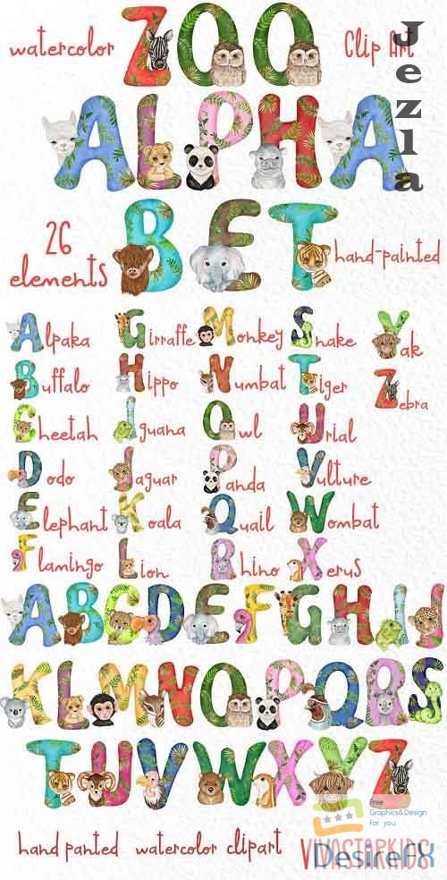 Watercolor animal alphabet clipart - 5553046