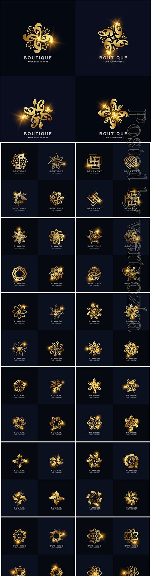 Abstract golden, flower, ornament, logo, set, vector, collection