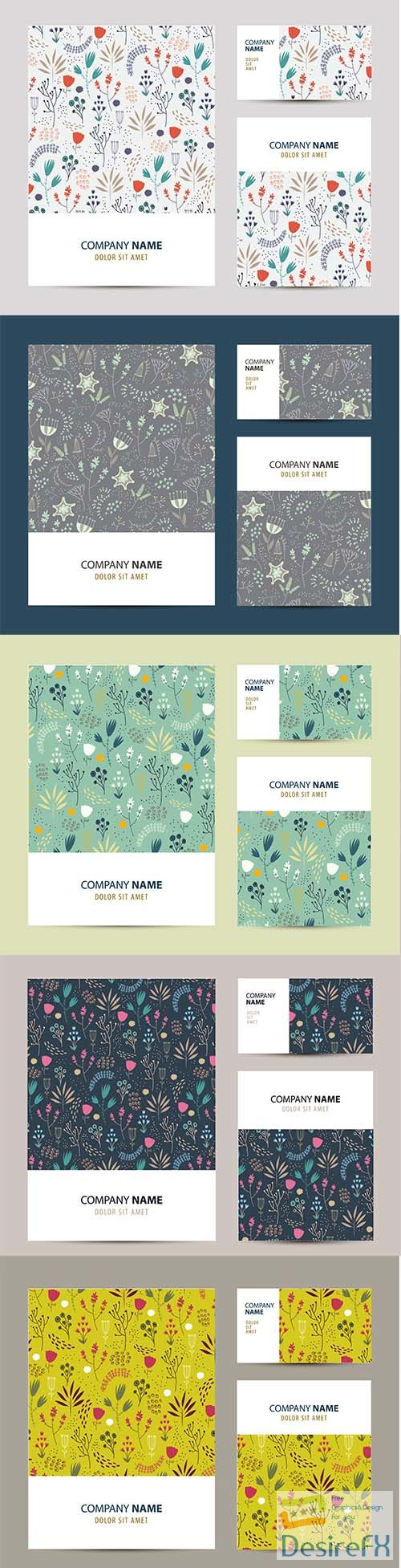 Business set template with hand-drawn flower pattern