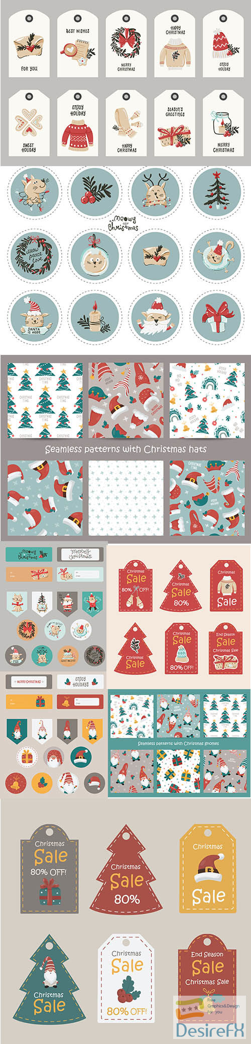 Christmas themed label set and seamless pattern