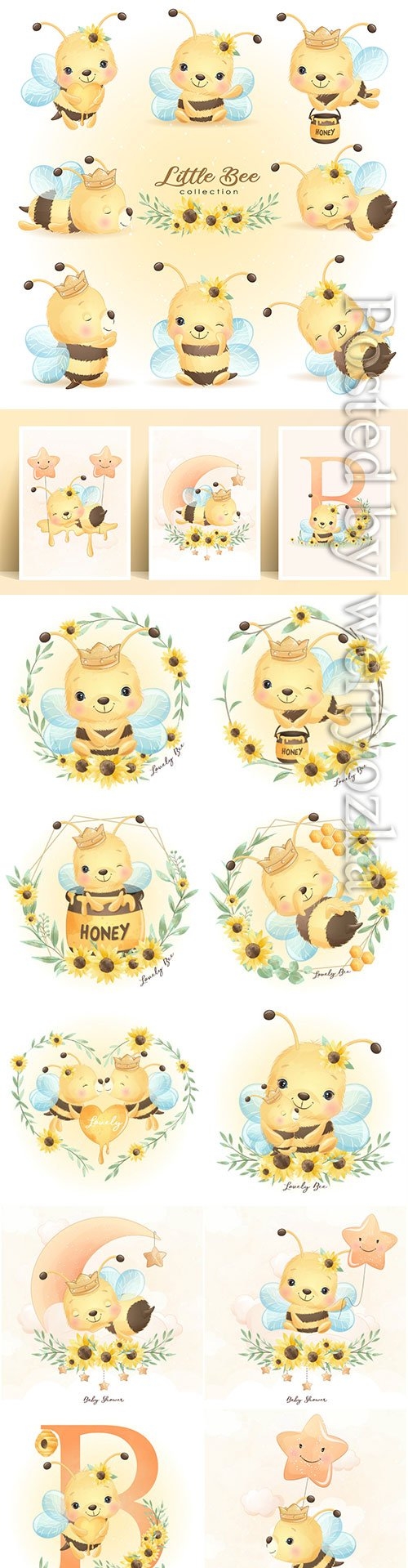 Cute doodle bee poses with floral collection premium vector