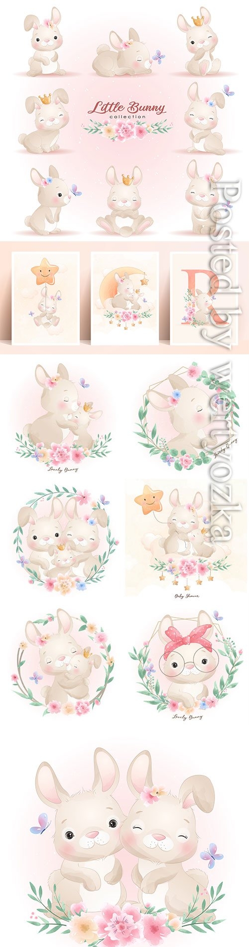 Cute doodle bunny poses with floral illustration premium vector