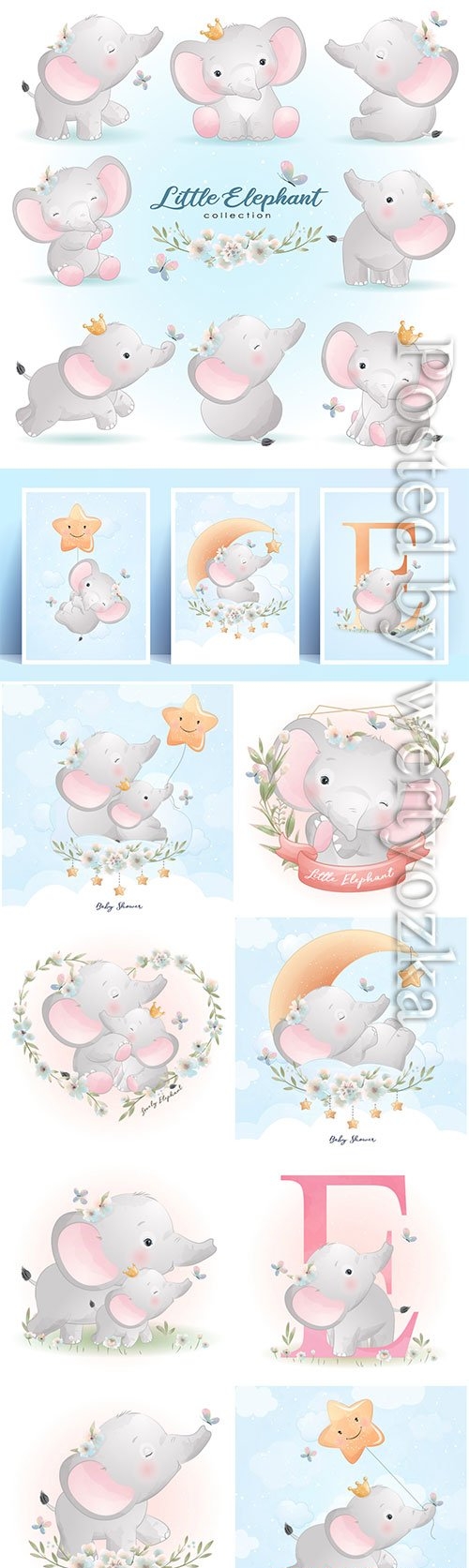 Cute doodle elephant poses with floral illustration premium vector