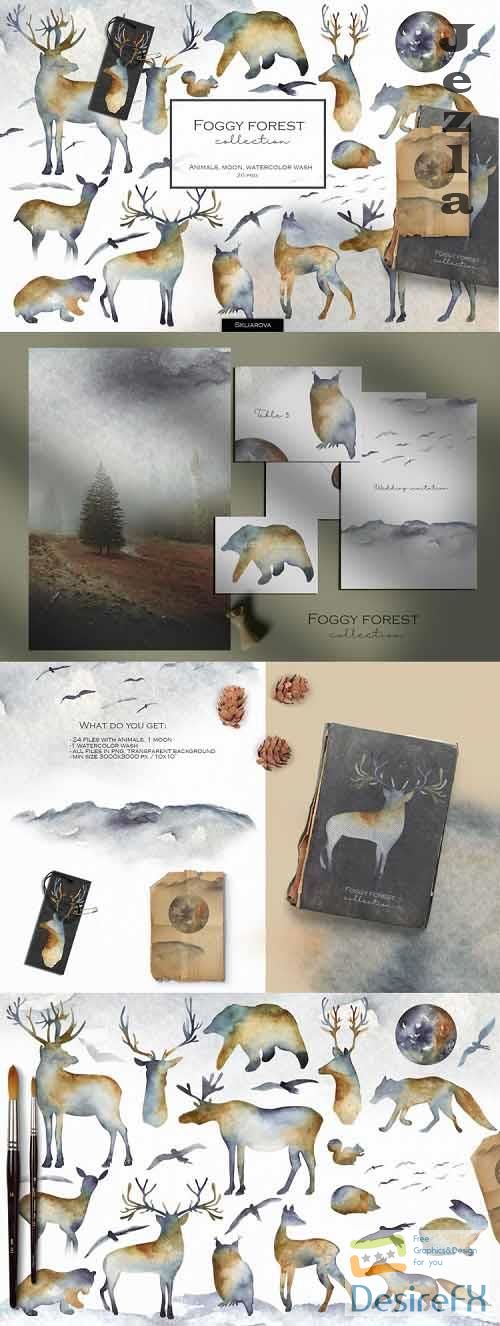 Foggy forest collection. Watercolor animals - 1052125