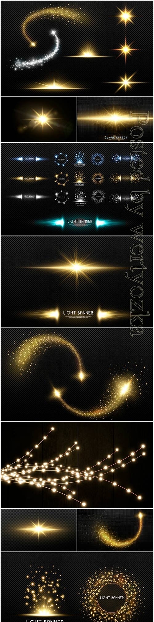Golden light comet, magic light line, gold star vector element