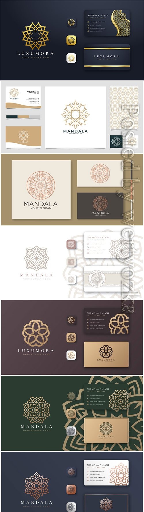 Golden mandala logo with business card premium vector
