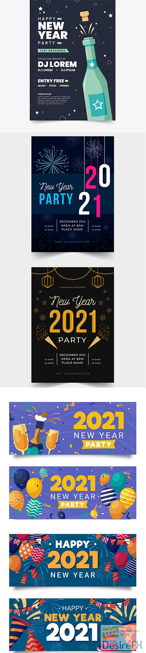 Hand-drawn new year party banners and poster template