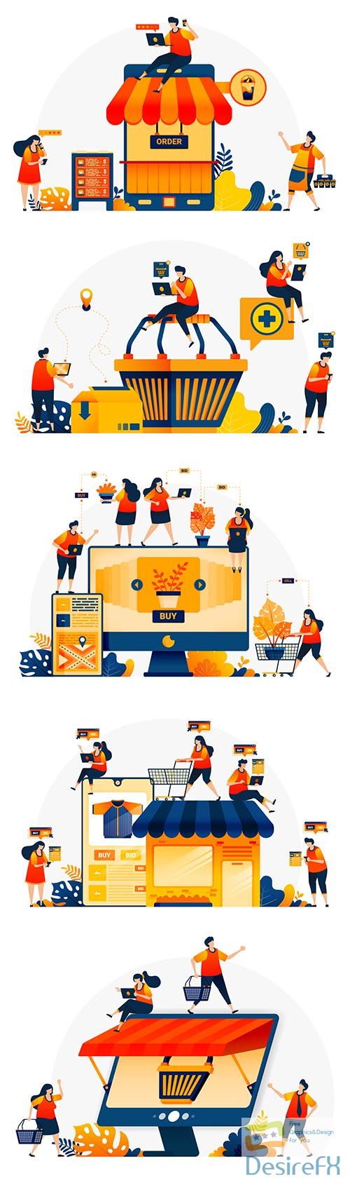 Illustration of shopping cart with people around to shop e-commerce