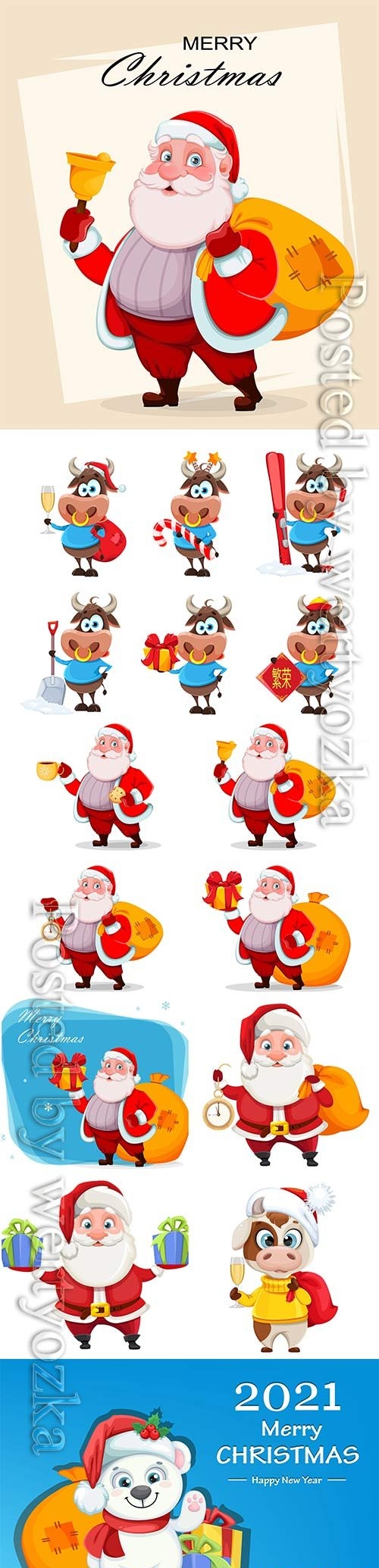 Merry christmas and happy new year, vector cheerful santa claus