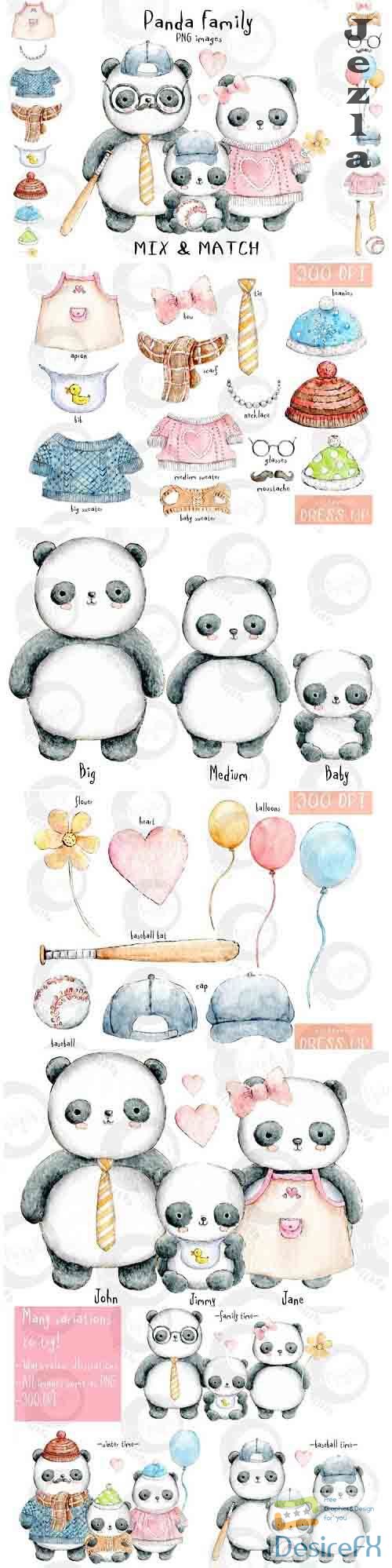 Panda Family | Mix & Match | PNG Watercolour Illustrations - 1034418