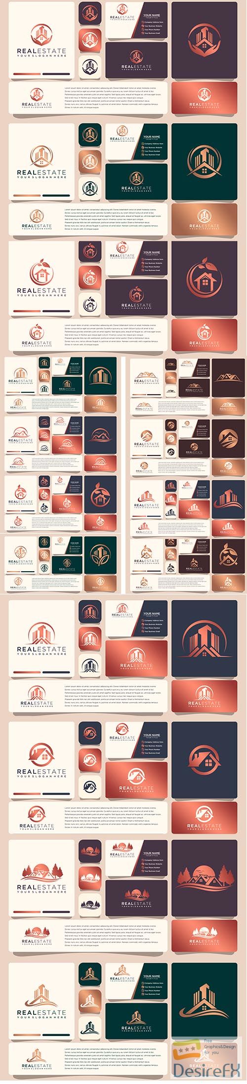 Real estate gold logo design with business card