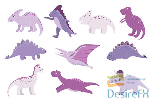 Set of cute pink and purple dinosaurs for children