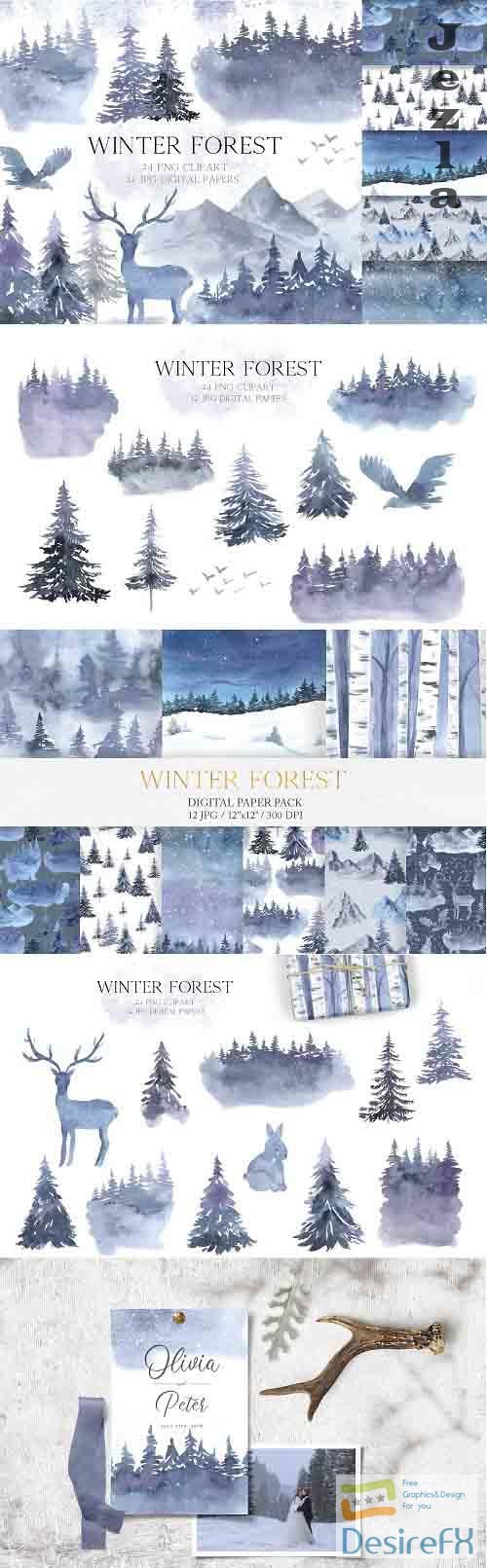 Watercolor Winter Forest Set - 5633566