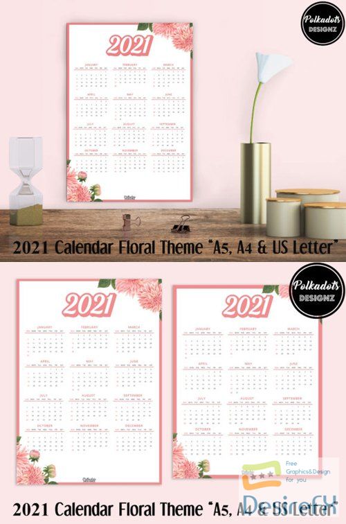 2021 Calendar Floral Theme A4 / A5 / US Letter