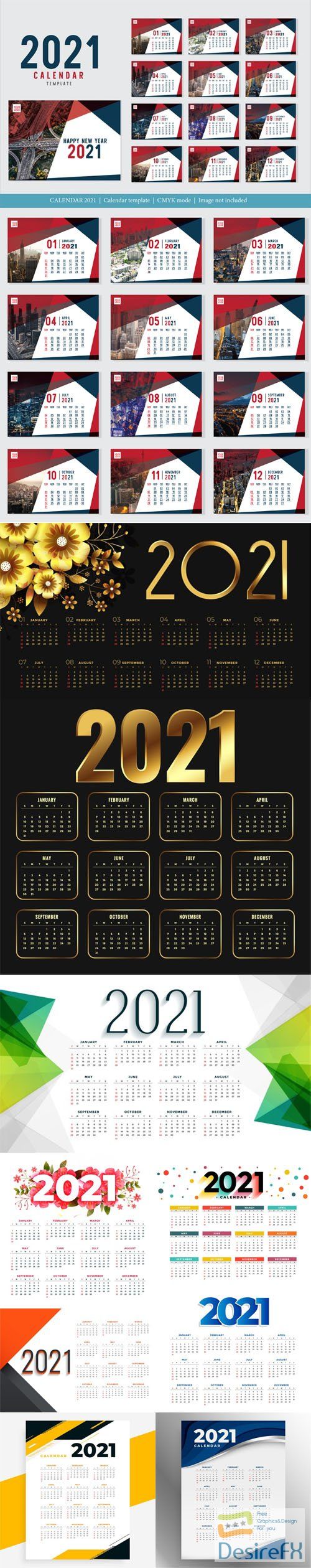 10 Modern New Year 2021 Calendars Collection in Vector