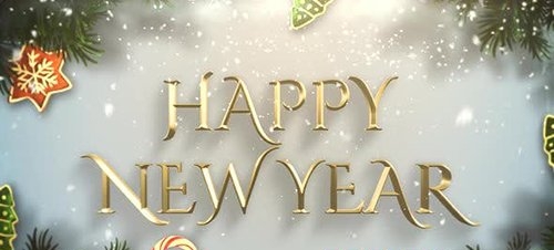 Animated closeup Happy New Year text, green tree branches and toys on snow background 29660986