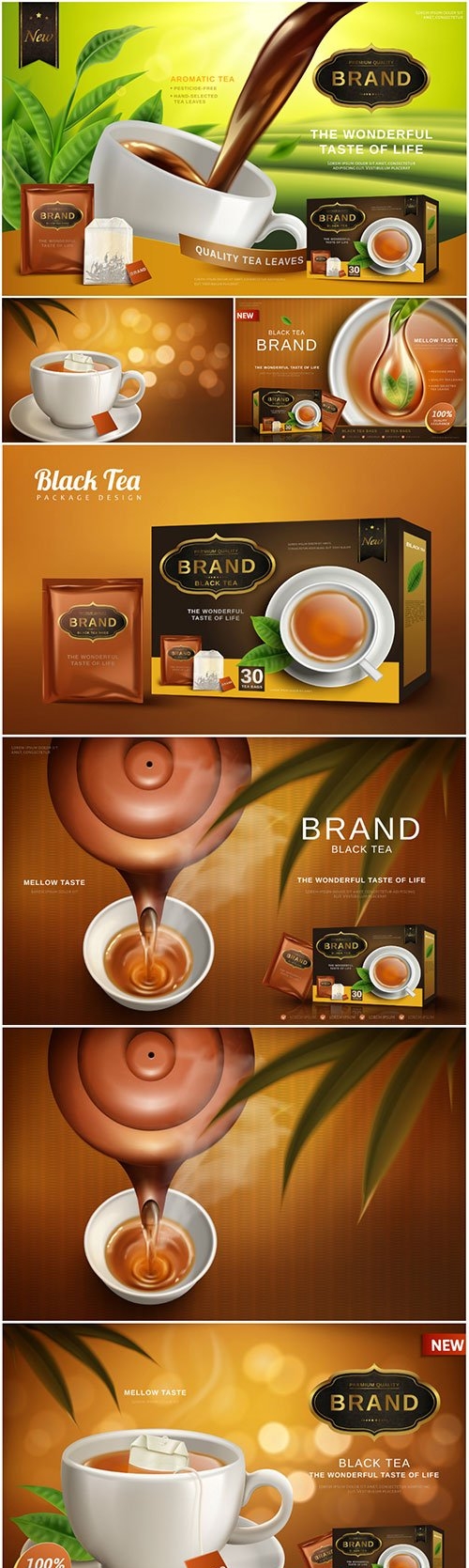 Black tea ad, with tea leaves and package box