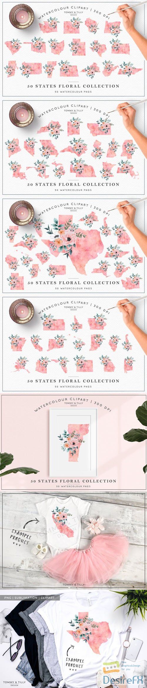 Watercolour 50 States Clipart PNG Collection