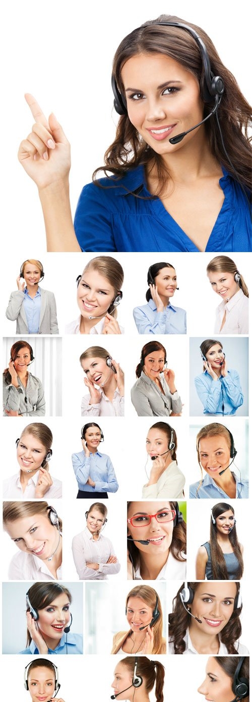 Charming female operators in headphones stock photo