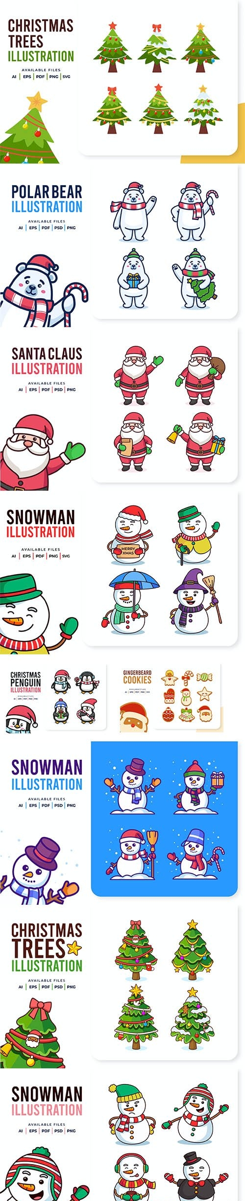 Christmas Collection of Santa Claus, Snowman and trees