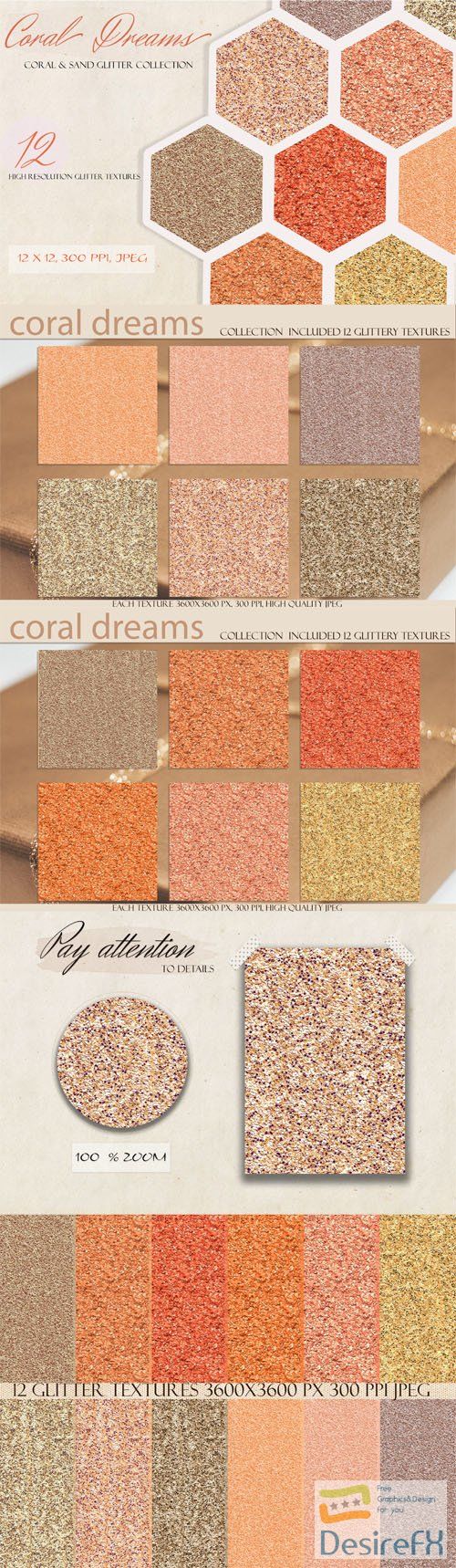 Coral Dreams - Coral & Sand Glitter Textures Collection
