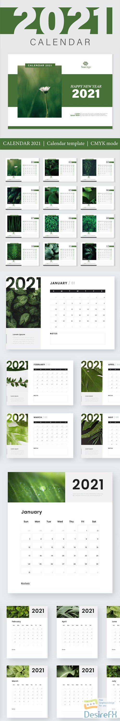 Modern Abstract New Year 2021 Calendars Vector Templates in Green
