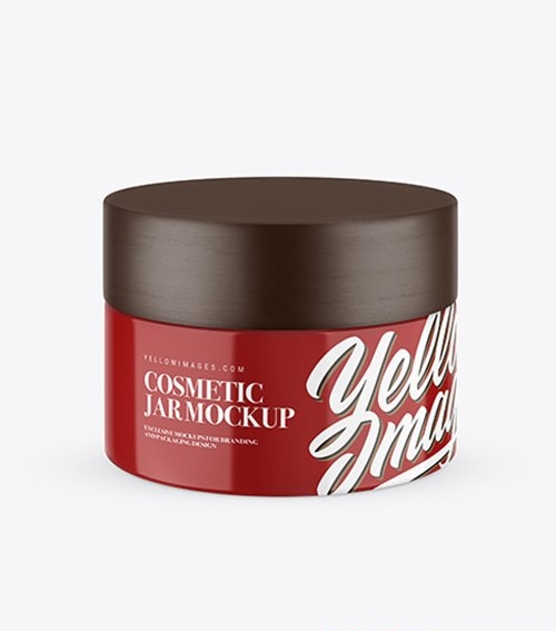 Glossy Cosmetic Jar with Wooden Cap Mockup 55229