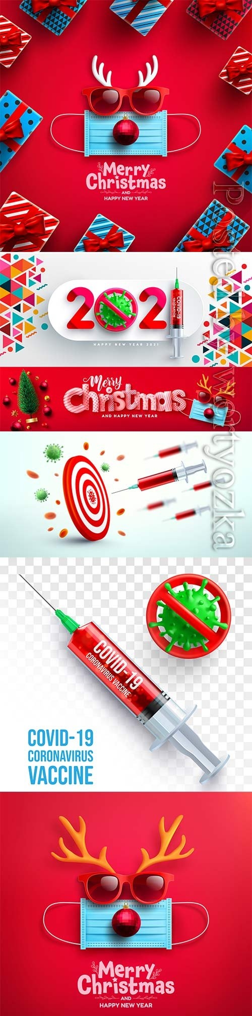 Happy new year with virus and red covid vaccine syringe, pandemic concept