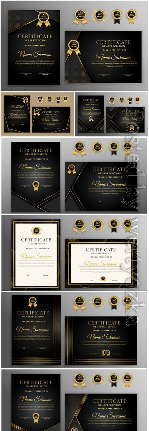 Luxury certificate with gold and black badge vector template