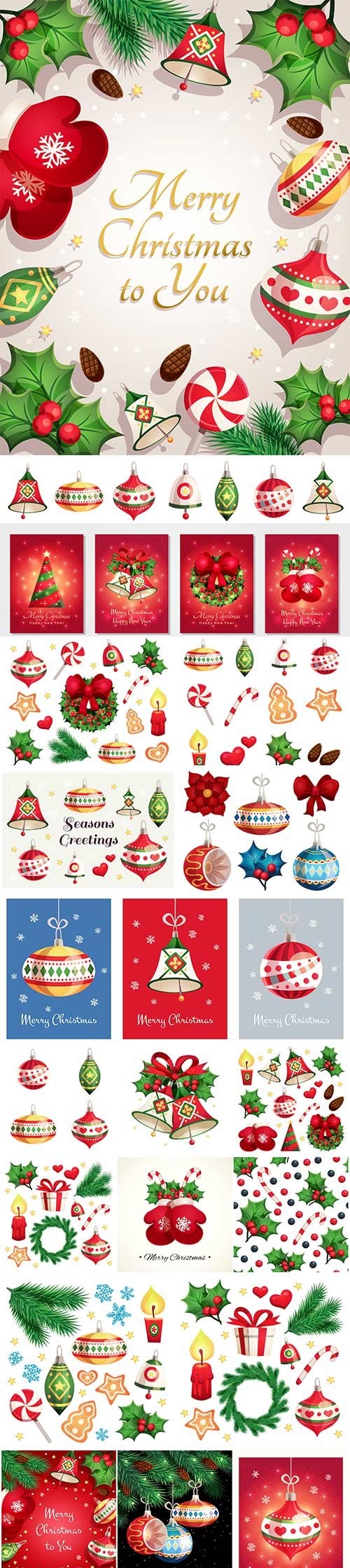 Merry christmas and happy new year card with decorative elements, christmas toys, bells, snowflakes and stars