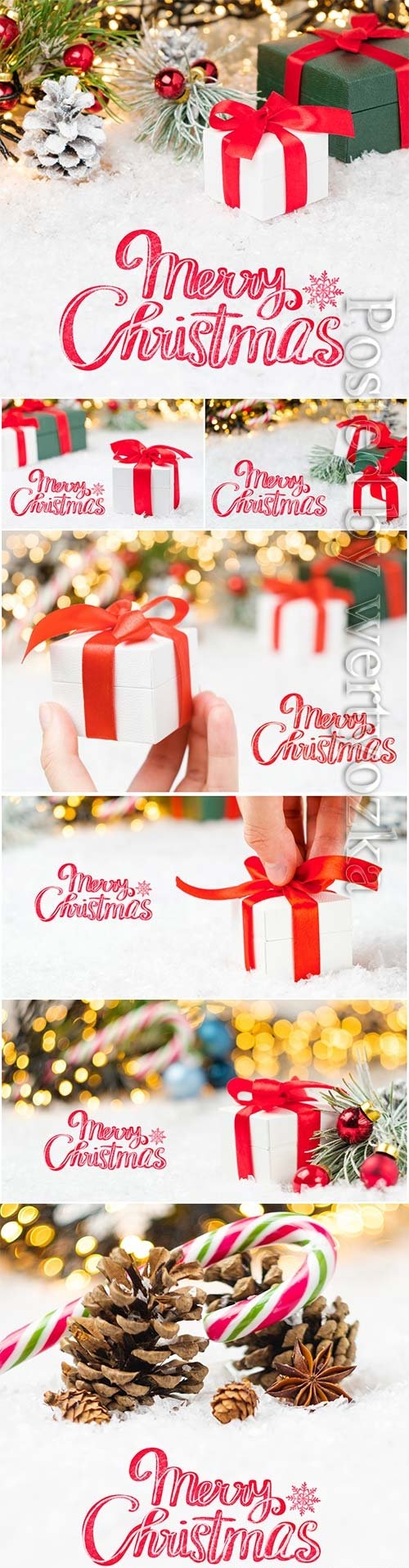 Merry christmas lettering greeting card with gift boxes