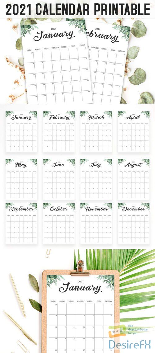 Minimal Floral Calendar 2021 Printable PSD/PDF Templates / 12-Months