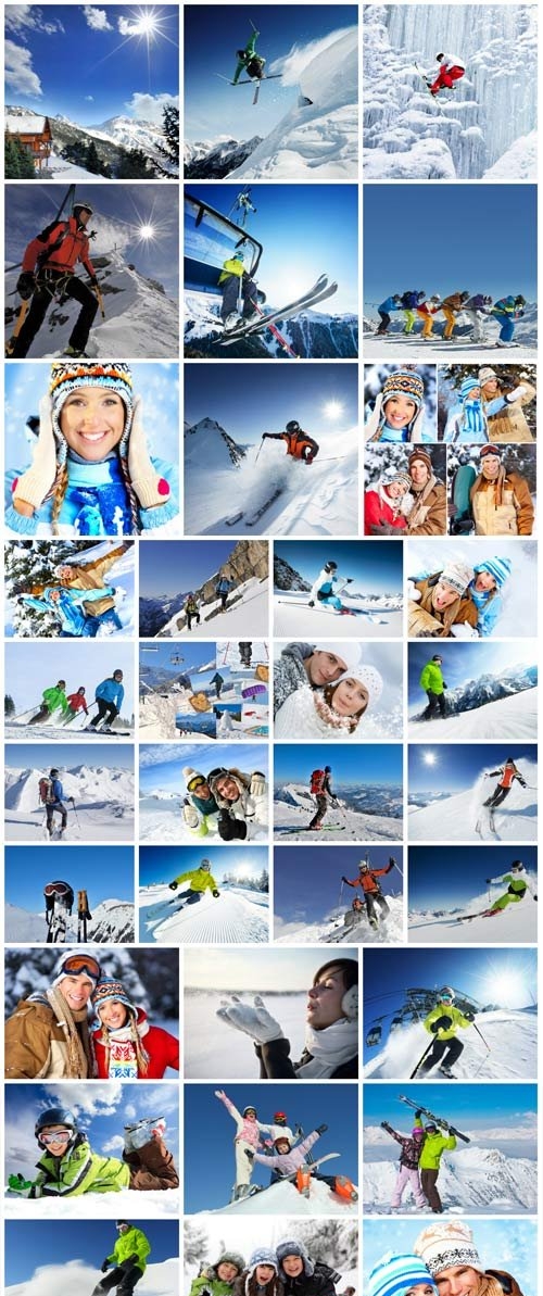 People skiing and snowboarding in the mountains stock photo