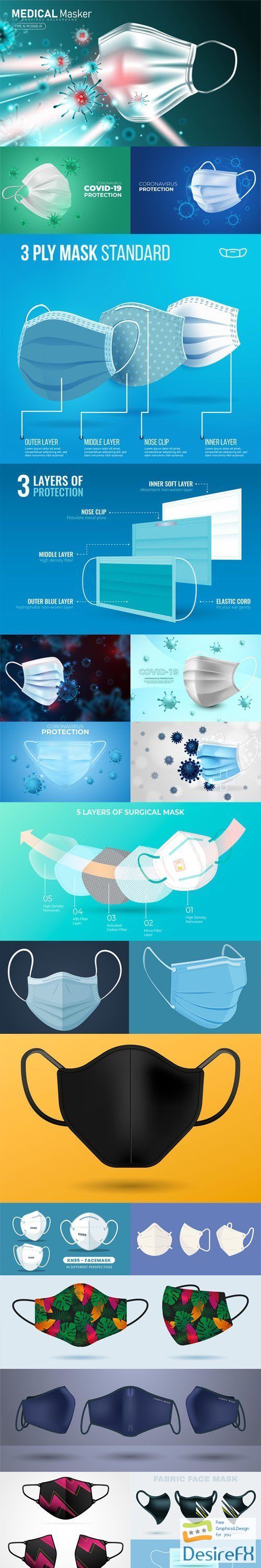 Realistic Coronavirus Protection Masks Vector Templates