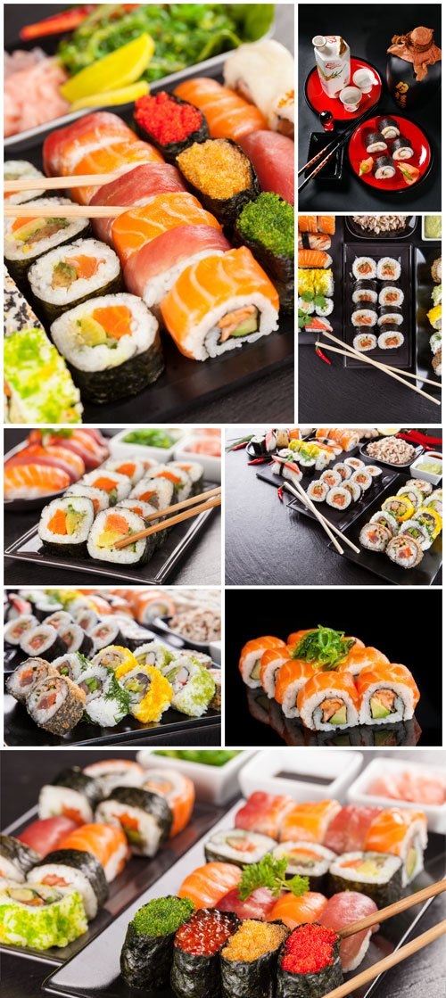 Sushi sets on black table stock photo