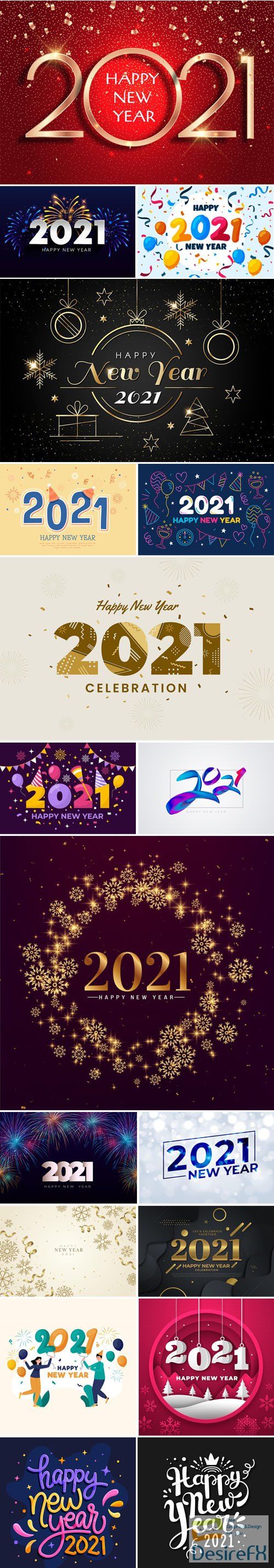 18 Happy New Year 2021 Backgrounds &amp; Lettering Vector Collection