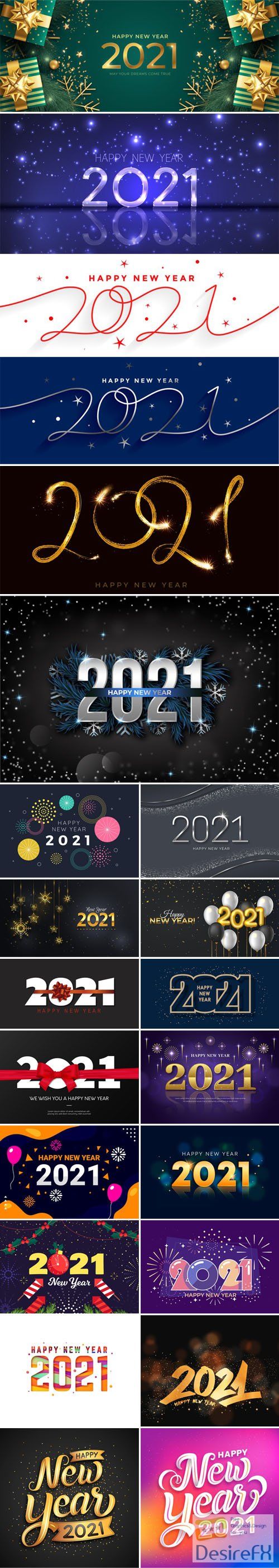 23 Happy New Year 2021 Backgrounds &amp; Lettering Templates in Vector