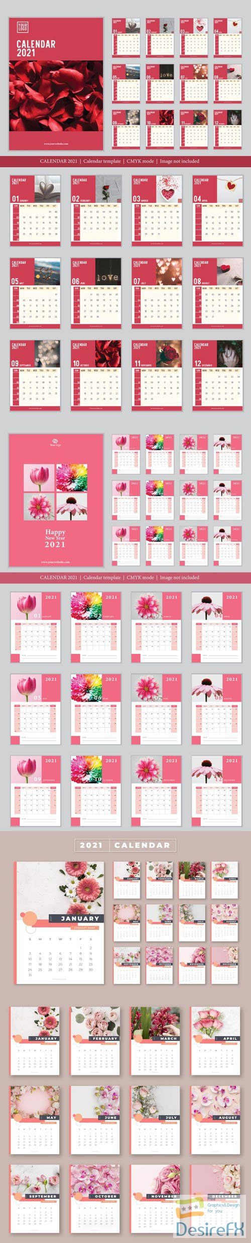 3 Vector Calendars 2021 in Romantic &amp; Rosy Styles