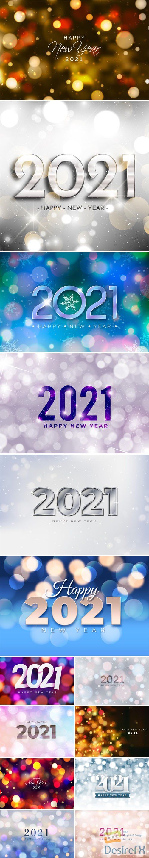 14 Happy New Year 2021 Vector Templates With Blurred Bokeh Lights