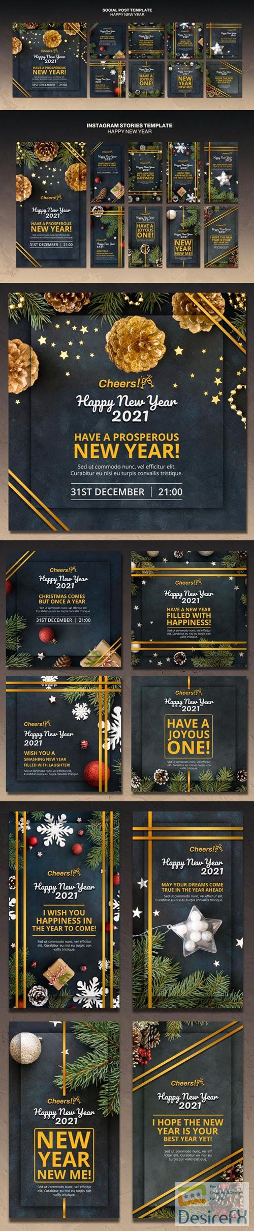 Happy New Year 2021 Social Media Posts &amp; Instagram Stories PSD Templates