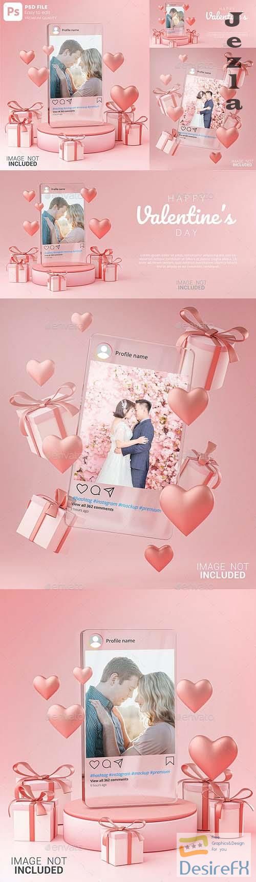 Instagram Post Mockup on Glass Template Valentine Wedding Love Heart Shape and Gift Box 3D Rendering 30090315
