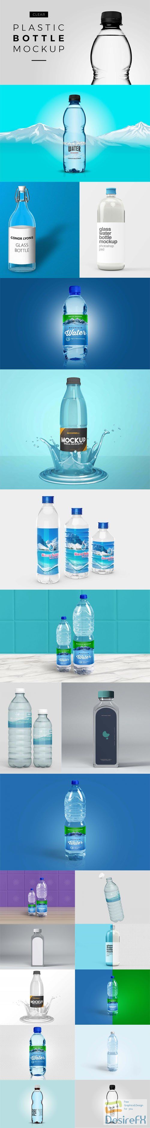 Transparent Glass &amp; Plastic Water Bottles PSD Mockups Templates Collection