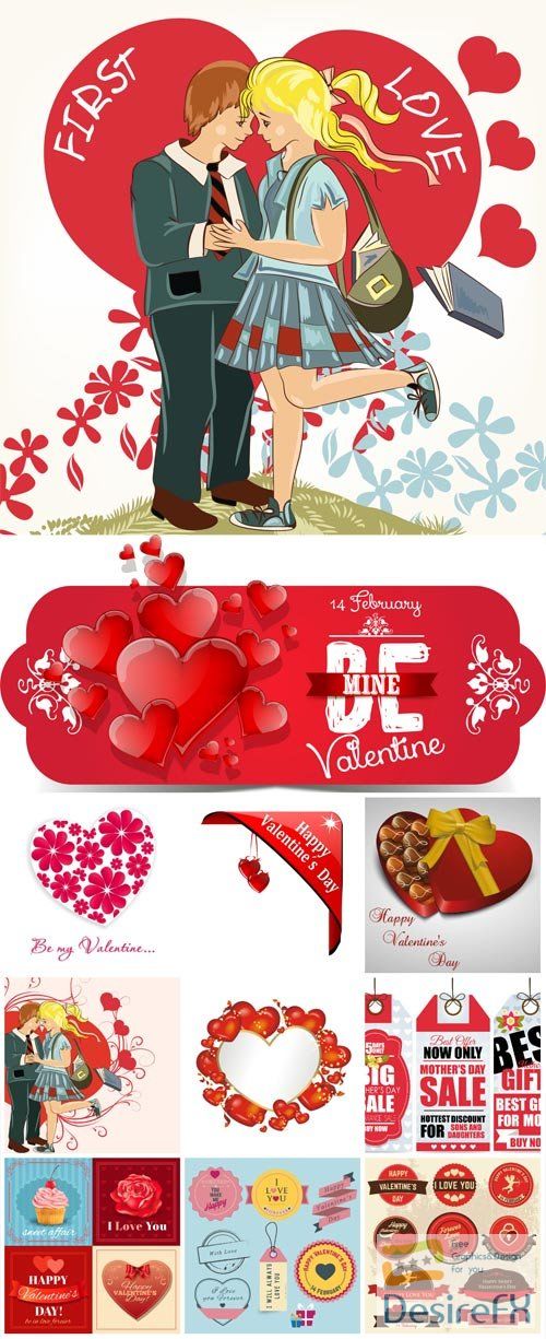 Valentines day labels and romantic illustrations