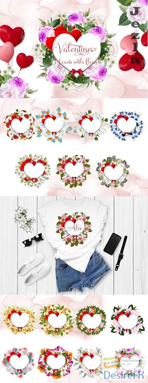 Valentines Hearts with Watercolor Flowers - 1136204