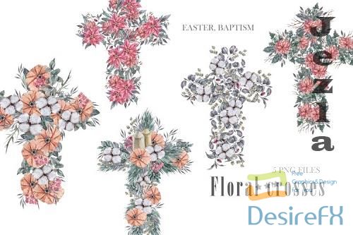 Watercolor Easter crosses clipart, floral bouquet clipart - 1148107